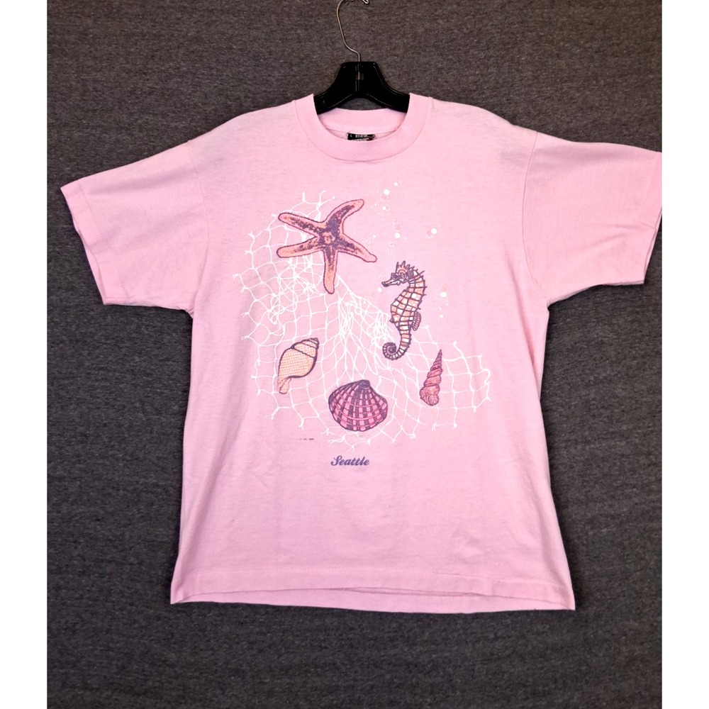 VTG Screen Stars Adult Shirt L Pink Seashell Sea Horse Ocean Shells 90 Seattle